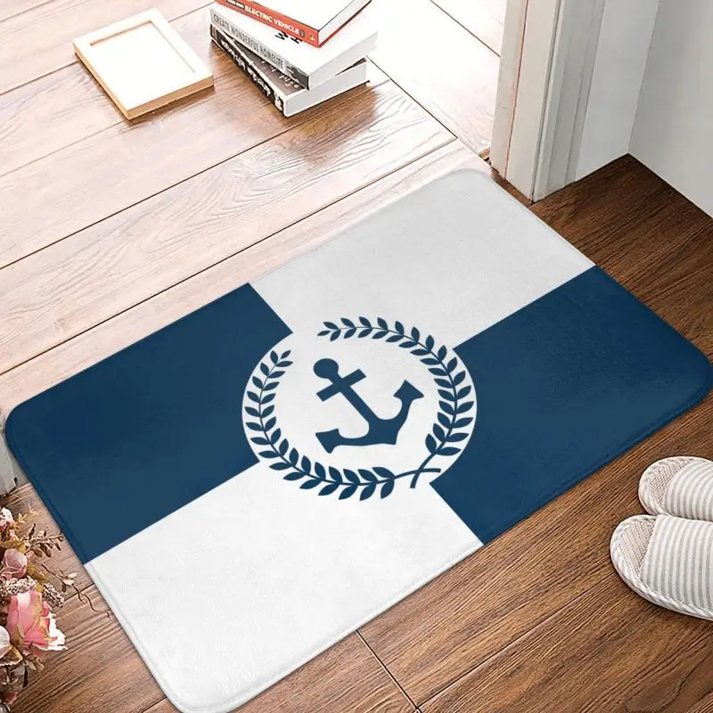 Custom White Navy Blue Nautical Anchor Front Door Mat Anti-Slip Indoor Quick Dry Doormat Floor Bathroom Entrance Rug Carpet