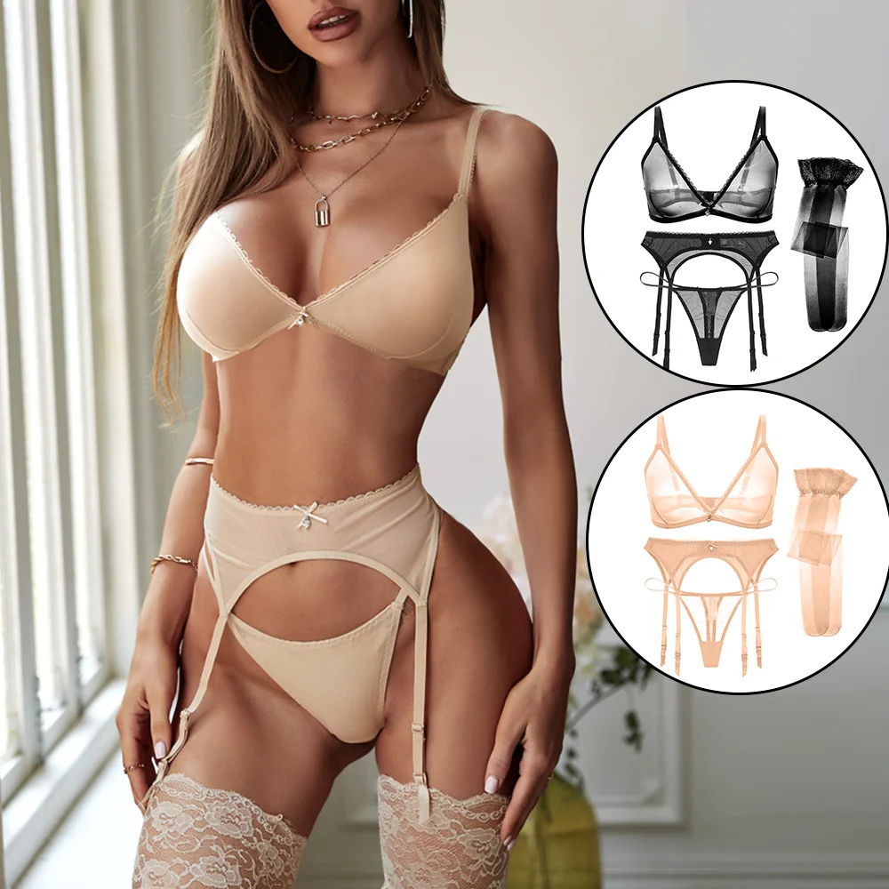 Sexy see through lingerie set bikini thong wire free bra larger size women underwear bra+garter+V-string+stcoking 4pcs/set