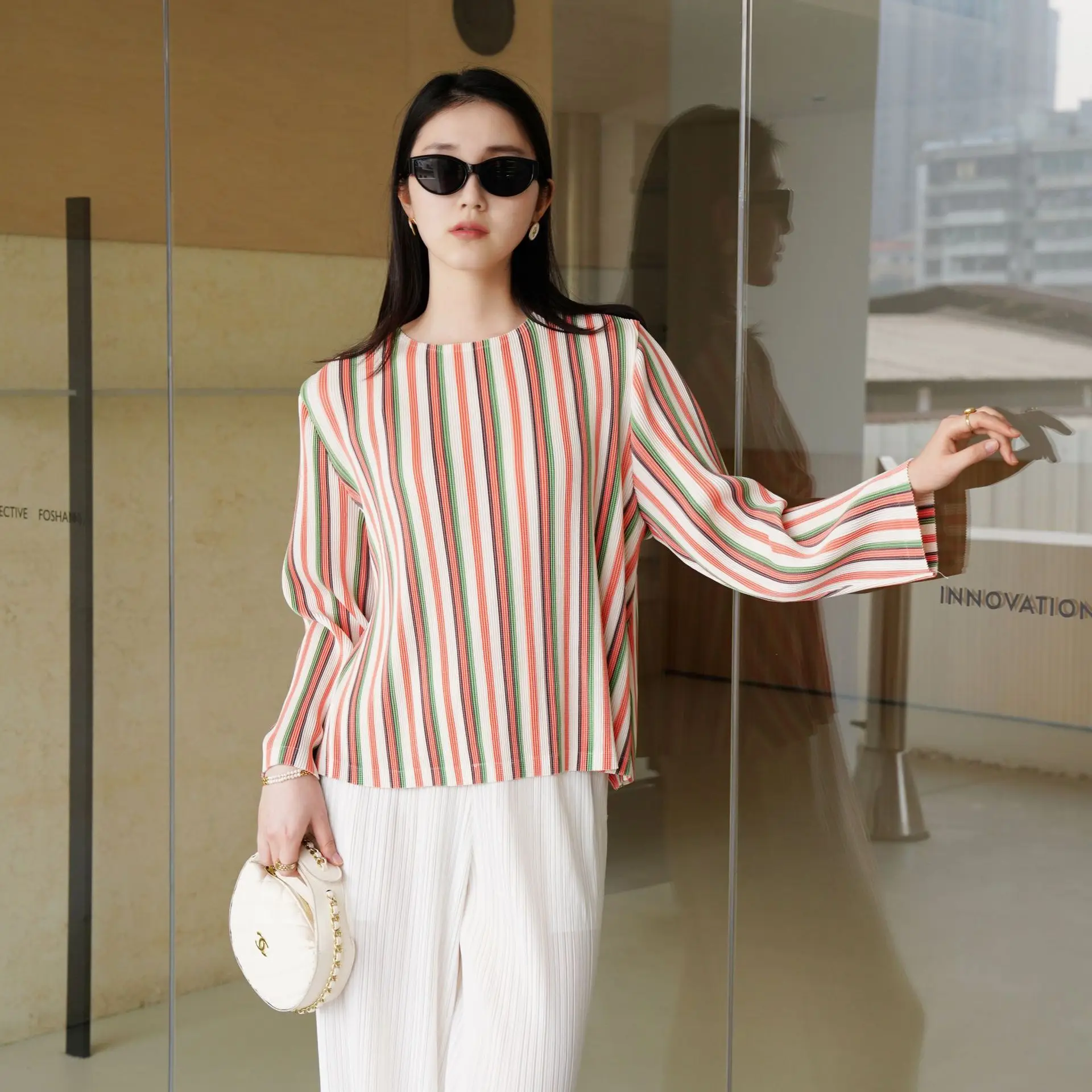 Counter quality 2025 pre-spring new high-end pleated stripe print dyed French loose casual and versatile T-shirt