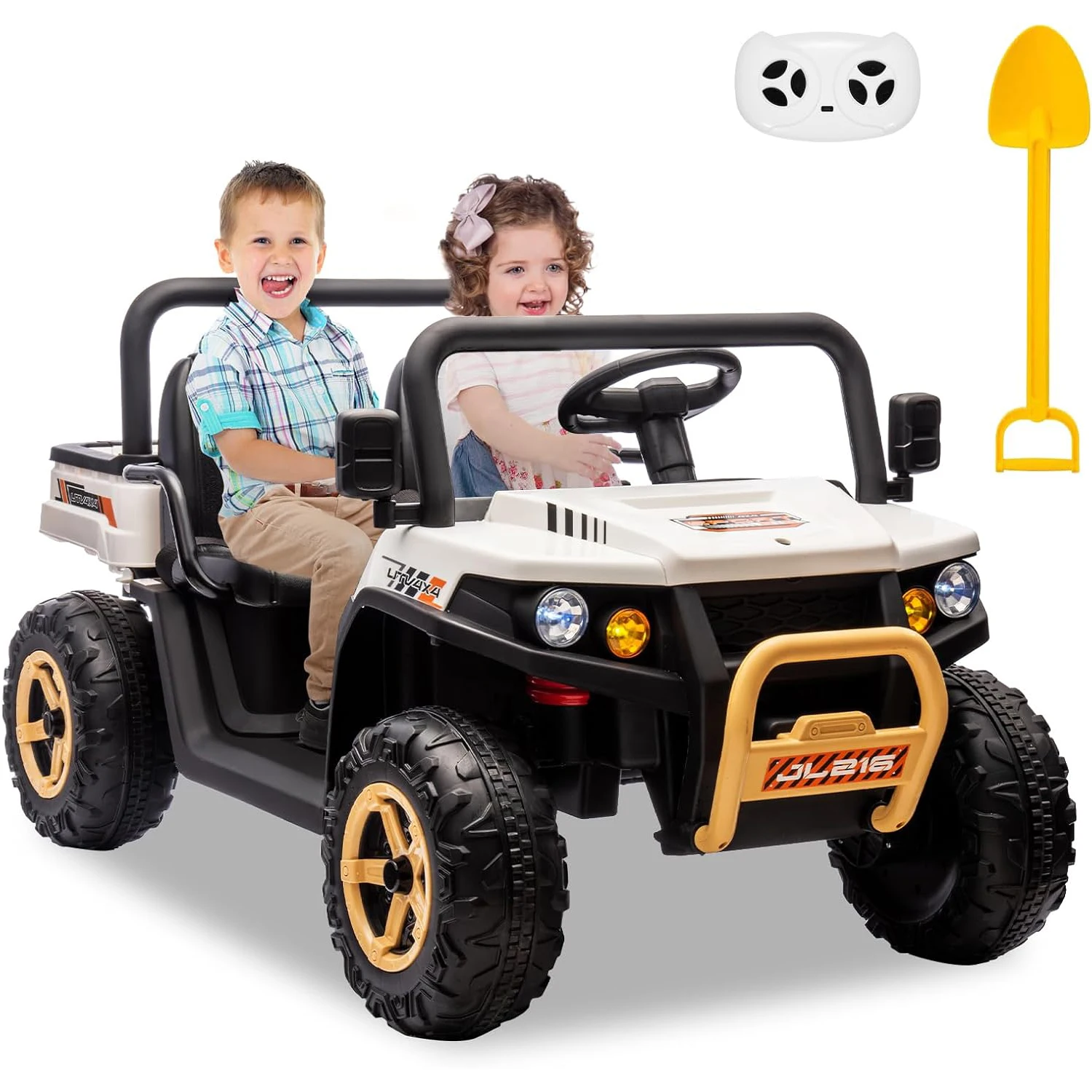 24V 2-Seater Ride on Dump Truck Kids Ride on Car Toys w/Remote Control LED Lights and Music 4WD Electric Vehicle for Boys Girls