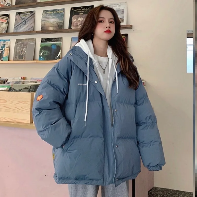 Parkas falsas de dos piezas con capucha para mujer, abrigos holgados de algodón de invierno a la moda, abrigos gruesos de estilo coreano con cremallera dulce, apliques para estudiantes Ins