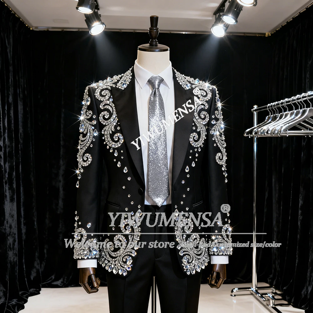 

Brilliant Diamond Stones Men's Suit For Weding 2 Pieces Single Breasted Prom Blazers Customized Groom Tuxedos Outfit Ropa Hombre