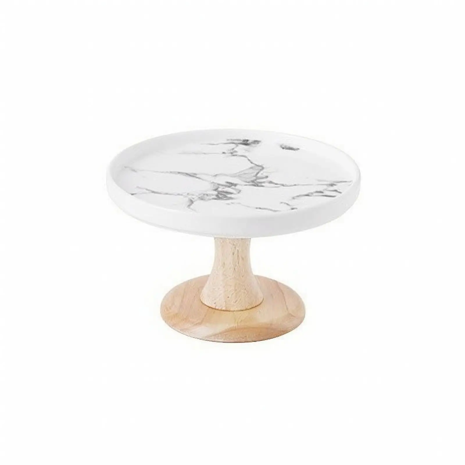 Light Oak Pedestal Cake Stand with Ceramic Marble Top for Dessert Display Cupcake Holder and Bakery Showcase