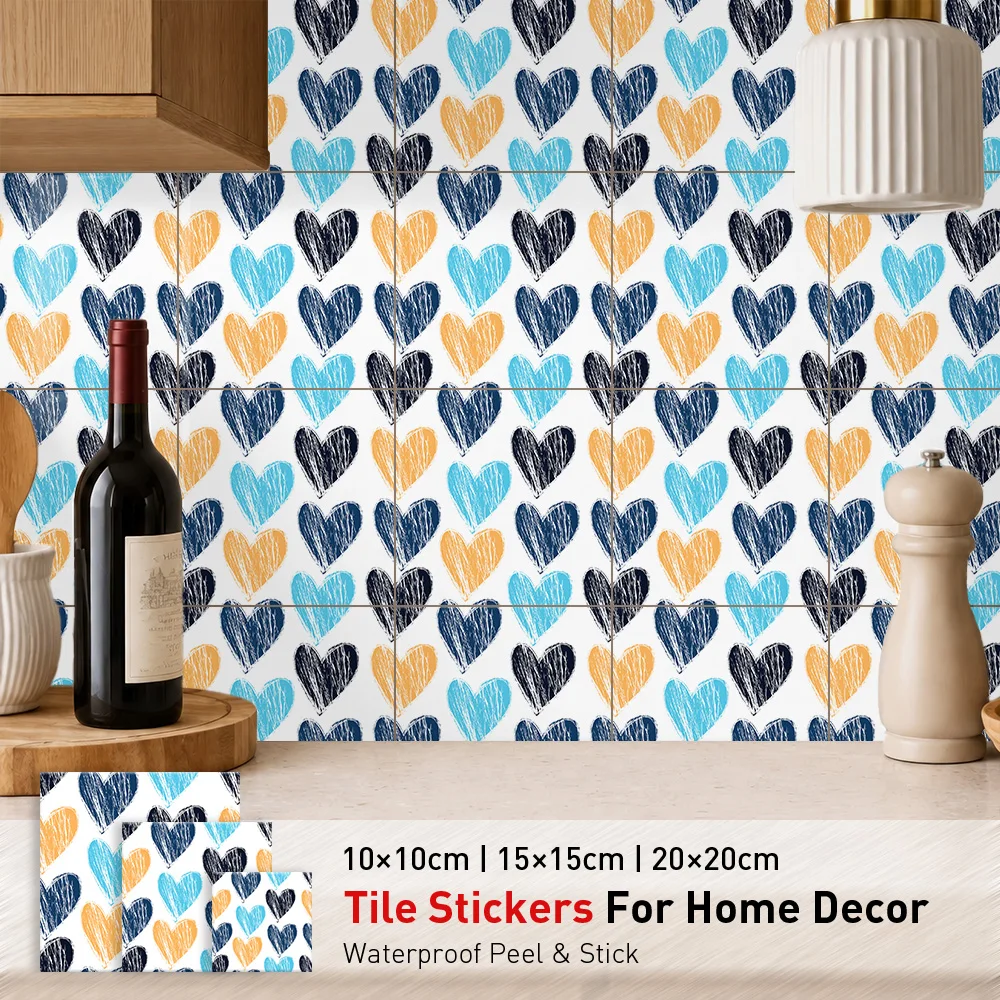 Bold Hearts Tile Stickers Waterproof Peel and Stick Self Adhesive Oil Proof Backsplash Decals Floral Wallpaper for Quartet Decor