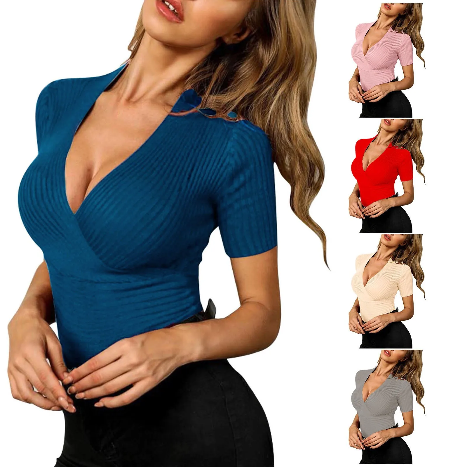 Magliette a maniche lunghe da donna Sexy magliette a tunica Slim top Casual da donna camicetta a V solida che lavora a maglia camicia da vacanza con collo Sexy quotidiano