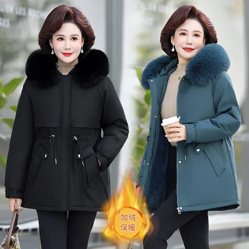 Middle Aged Elderly Mother Winter Parkas Long Hooded Cotton Warm Jacket Fashion Plush Thicken Women's Coat Large Size Overcoat