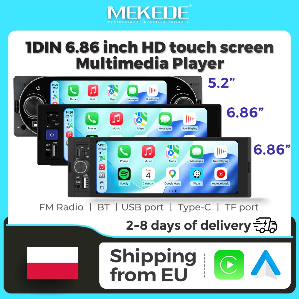 MEKEDE 1 Din Autoradio universel 6,86 pouces Lecteur MP5 Sans fil Carplay Android Auto Mirror Link Stéréo Lecteur multimédia vidéo BT SWC FM AUX USB Type-C Écran de navigation GPS