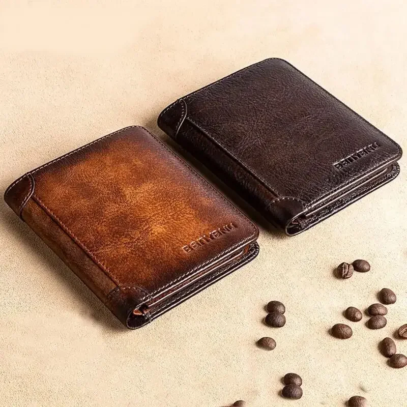 Genuine Leather Wallet Retro Business Design Rfid Protection Short Card Holder Coin Purses Money Bag Men Business Wallet