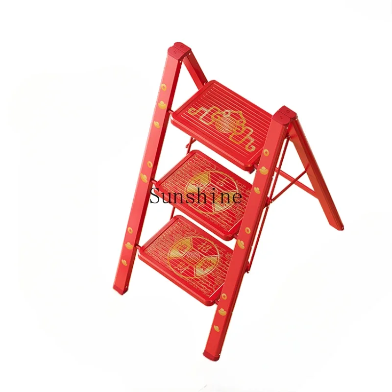 Housewarming new home red festive folding thickened indoor herringbone ladder three or four steps ladder stool