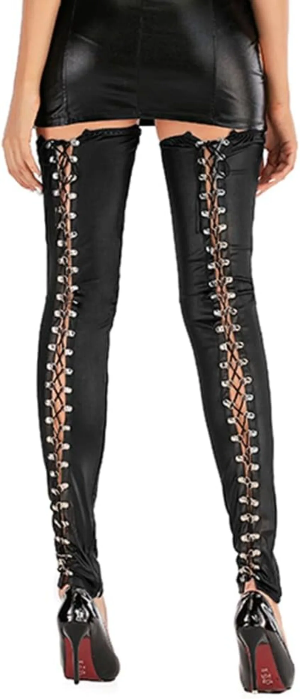 Damen Leder Overknee Gothic Punk Schnür-Leggings aus PU-Leder, Rock Club Moto Leggings – Detail 5