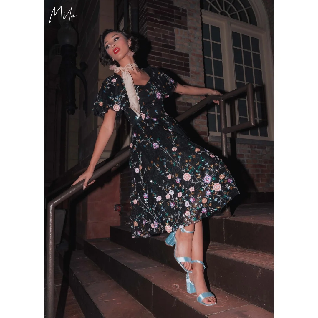 

Mila Black Square Short Sleeve Floral Embroidery Sequin Customized Formal Evening Midi Gown vestidos de gala Elegant Prom Dresse