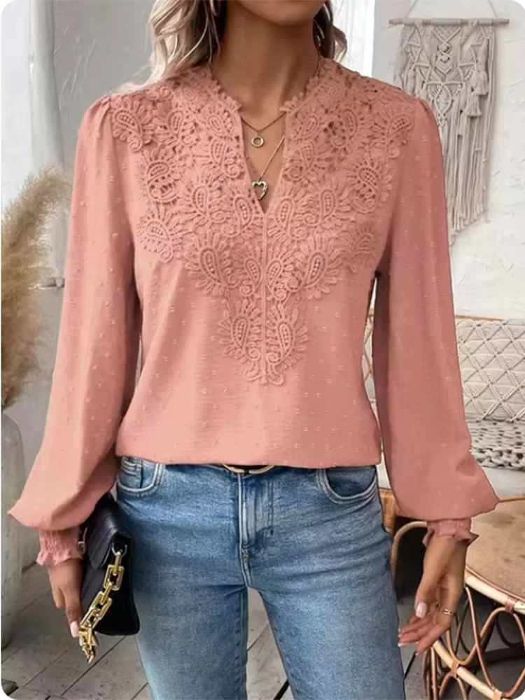 Luxury Solid Color V-Neck Long Sleeved Lace Top Women\'s Hollow T-Shirt Lady Elegant Office Autumn Spring Blouse Clothes