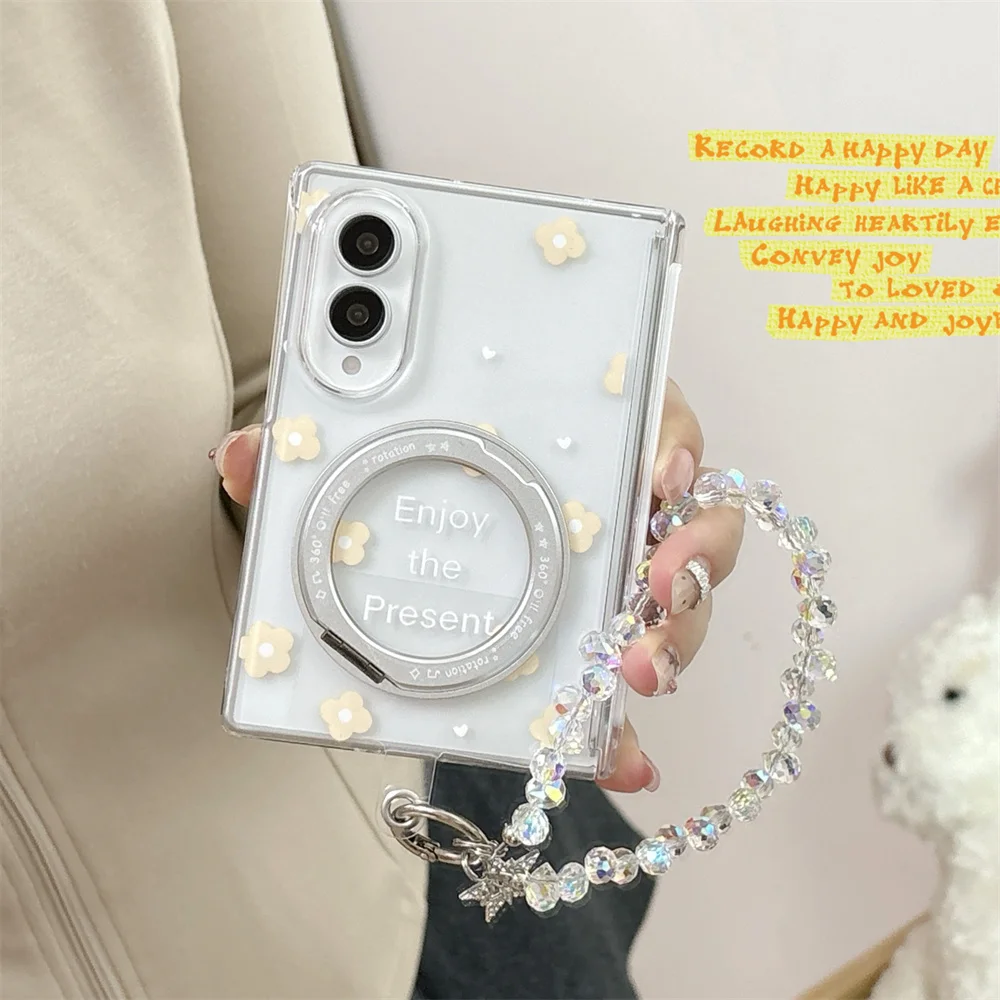 Kawaii Floral Print Magnetic Rotatable Ring Stand Cover For Samsung Galaxy Z Fold 8 Hard PC Hinge Protector With Phone Case