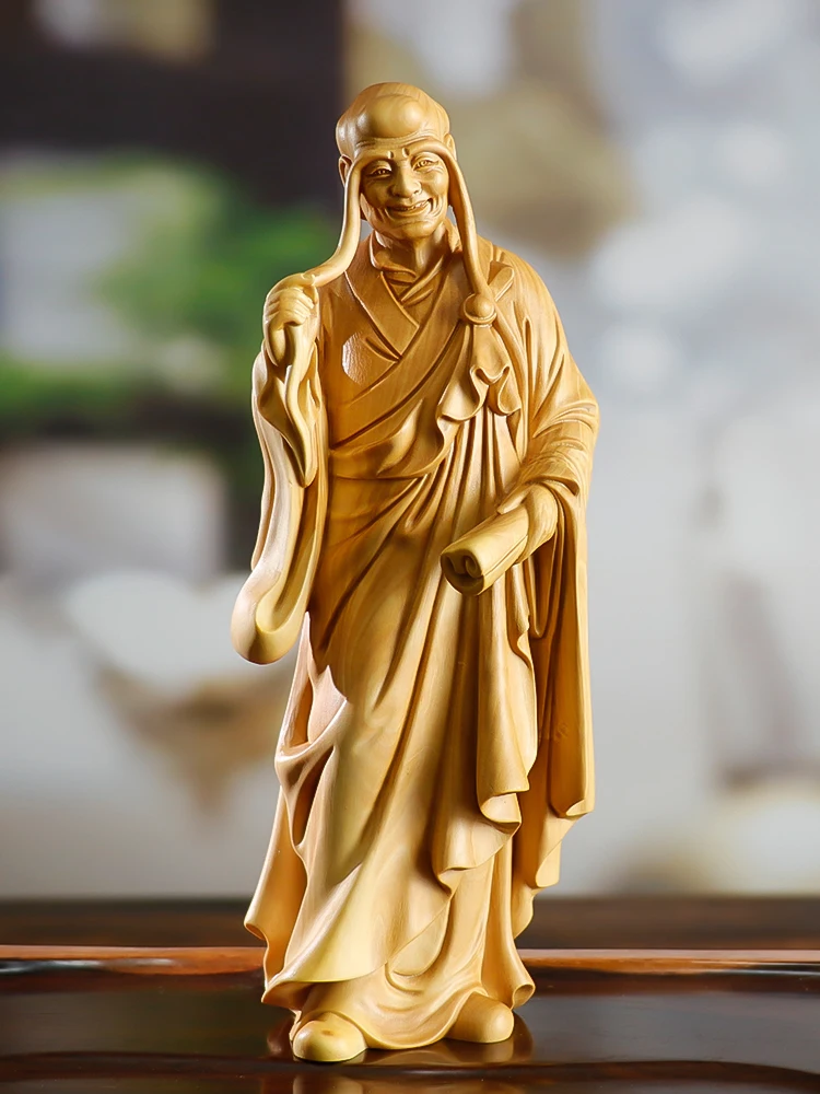 XS516- 15CM Lohan with long eyebrows Boxwood Sculpture Feng Shui Wood Carving Buddha Monk Collection Ornaments