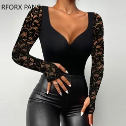 Women Solid Lace Patch Long Sleeves Hollow-out Sexy Skinny Black Blouses Tops