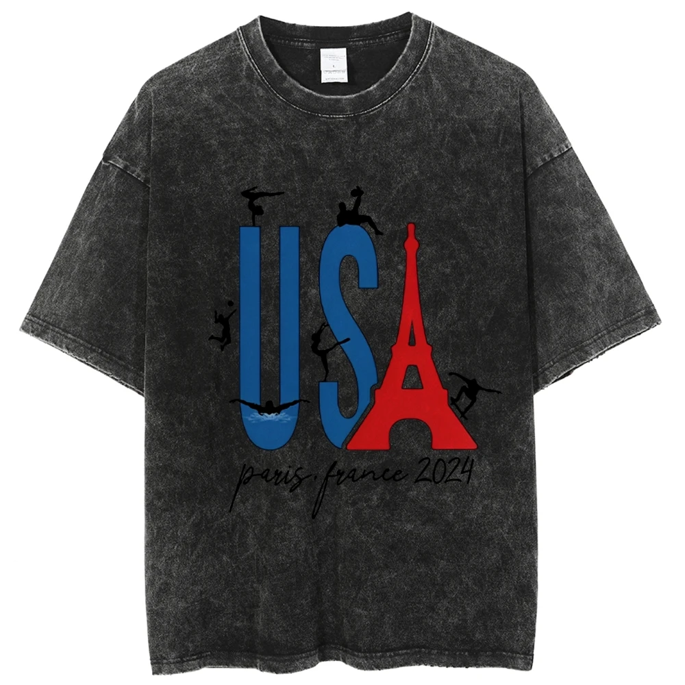 American Neutral Style Short Sleeve USA Eiffel Tower Letter Printing Fashion Trend Casual Loose Shoulder T-Shirt