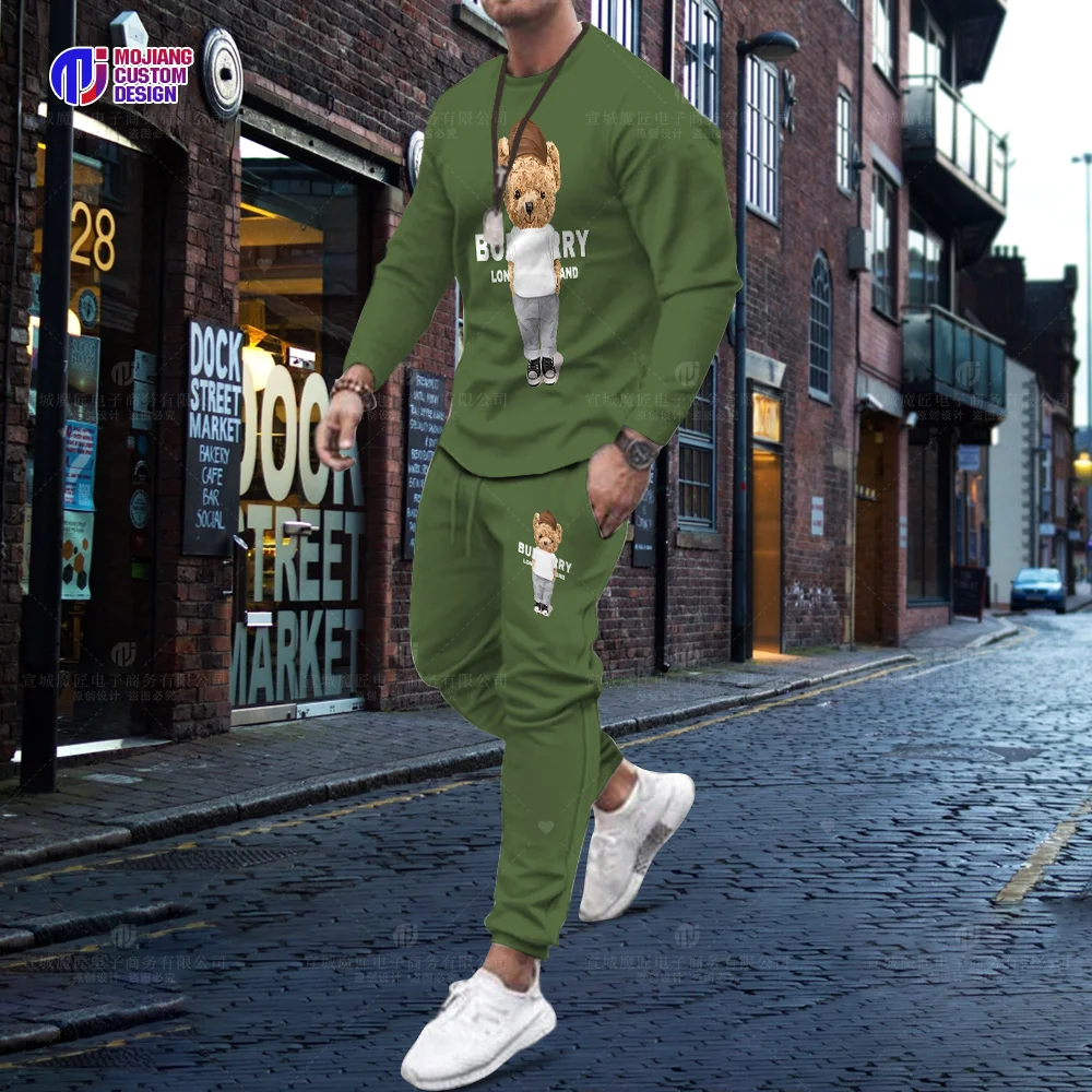 Hot Selling Korean Cotton Bear Long Sleeve T-Shirt Trousers Set Men Luxury 2 Piece Set Streetwear Summer Quality Sportswear