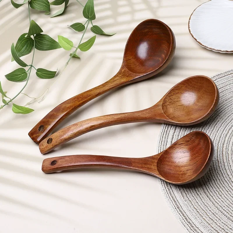 Wooden Spoon Old Lacquer Wooden Solid Woodb Long Handle Porridge Spoon Japanese Curved Dessert Rice Soup Spoon