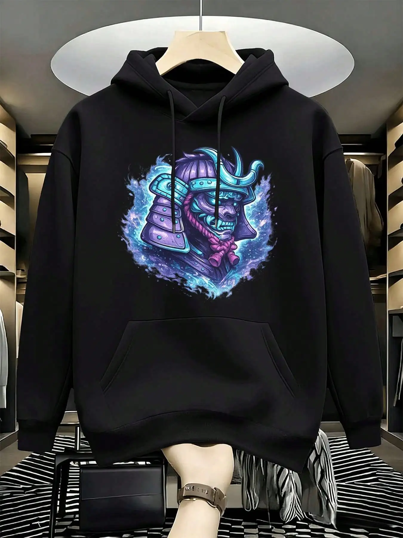 Mens Casual Pullover Hoodie, Japanese Oni Demon Samurai Warrior Purple‑Blue Neon Art Back‑Side Graphic Print Hooded Sweatshirt, Loose Fit Long Sleeve Hoody With Pocket For Street Anime Daily Wear