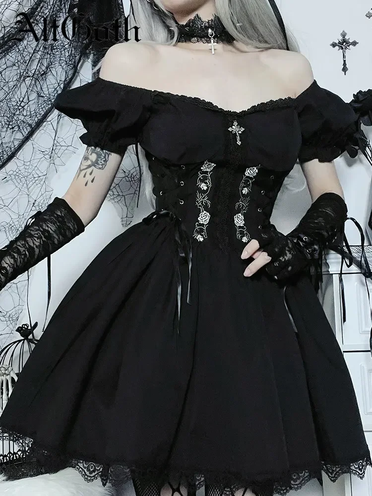 

AltGoth Vintage Gothic Princess Dress Women Dark Harajuku Lace Up Cross Corset Dress Streetwear Partywear Lolita Dress Female