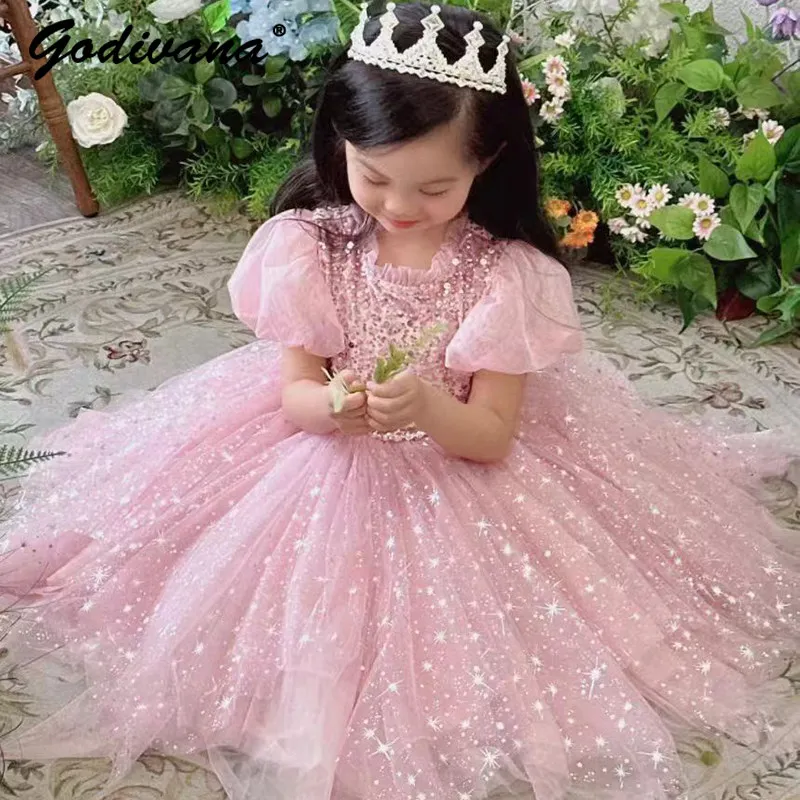 Sweet Baby Girls Luxury Princess Dress Kids Summer New Sequin Puff Sleeve Tulle Large Hem Flower Girl Wedding Birthday Ball Gown