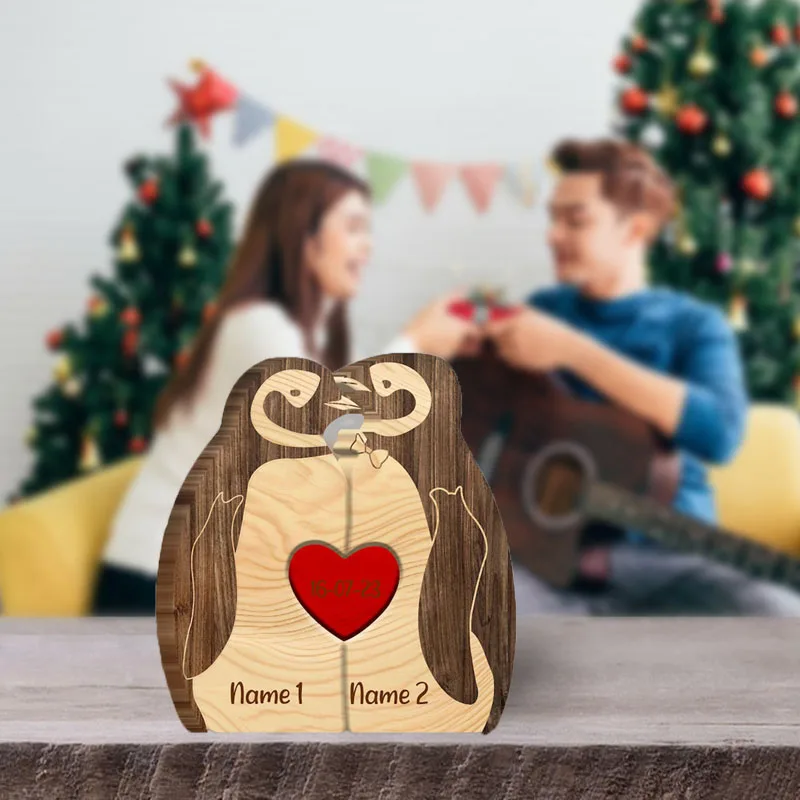 Personalized Anniversary Gifts Penguin Wooden Puzzle Loyalty Romance Eternal Love Couple Family Figurine Customize name and Date