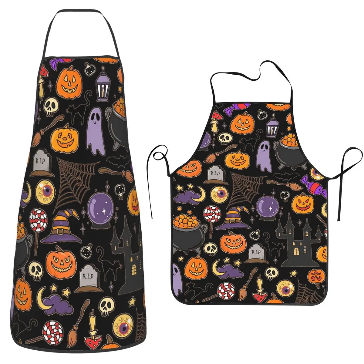 Halloween Pumpkin Ghost Witch Bat Castle Black Cat Apron Chef Cooking Tablier Bib Kitchen Cleaning Pinafore For Unisex Painting