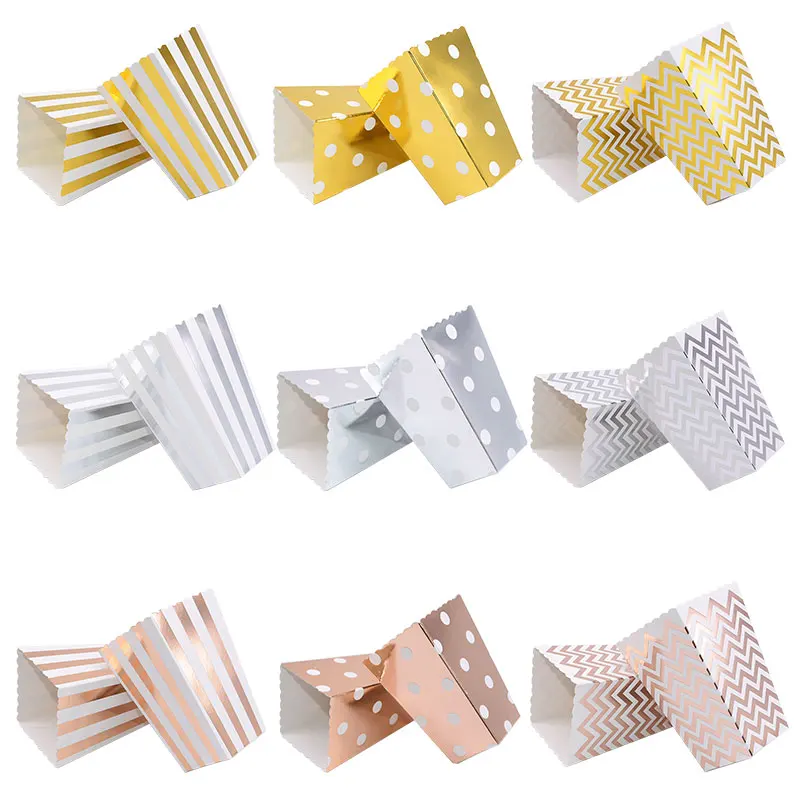 6/12Pcs Gold Silver Dot Wave Striped Paper Popcorn Box Pop Corn Candy Sanck Favor Bag Xmas Kid Birthday Wedding Party Decoration