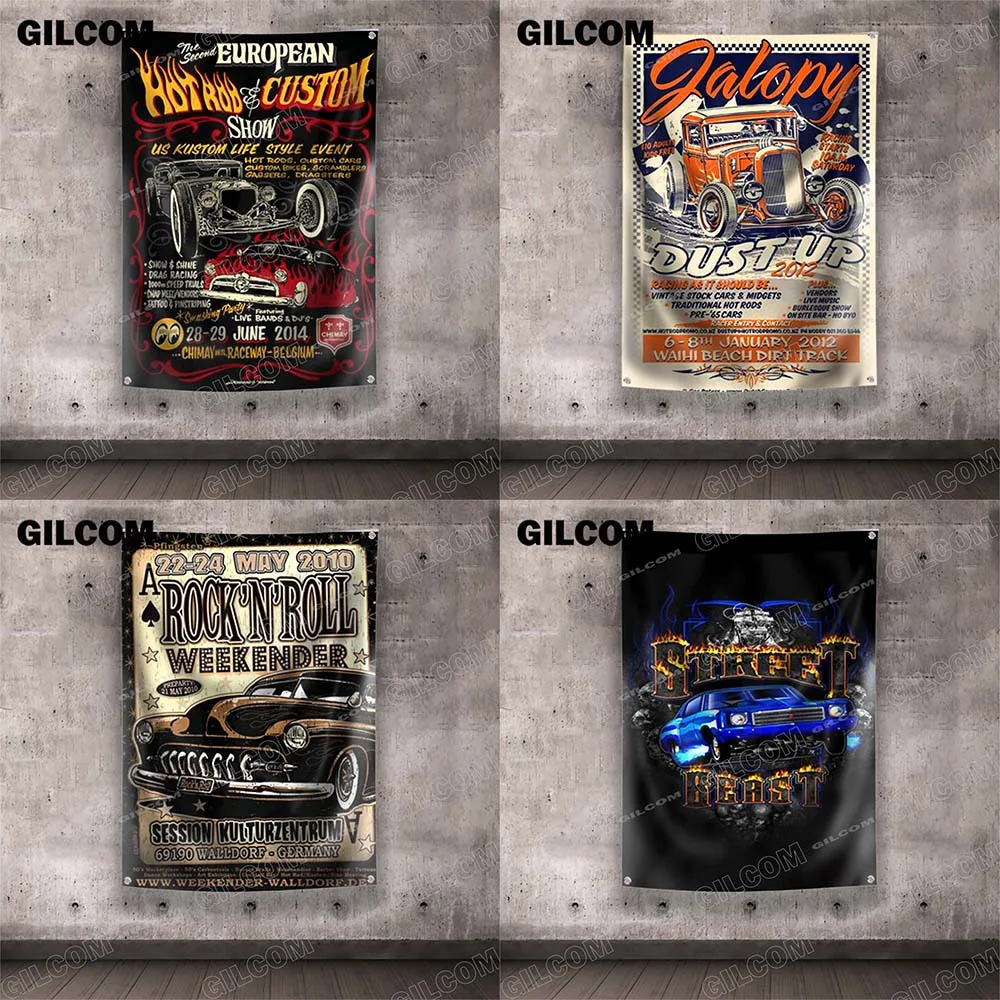 Flag Hot Road Custom Show Rockabilly  Music Home Poster Advertise Logo Sport Outdoor Club Digital Printing Banner Brass Grommet