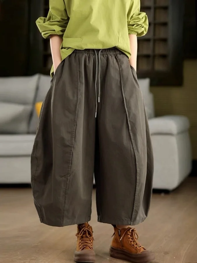 Retro High Density Cotton Wide Leg Pants Women's Casual Trousers Patchwork Diagonal Stripe Natural Waist Straight Cut Pants