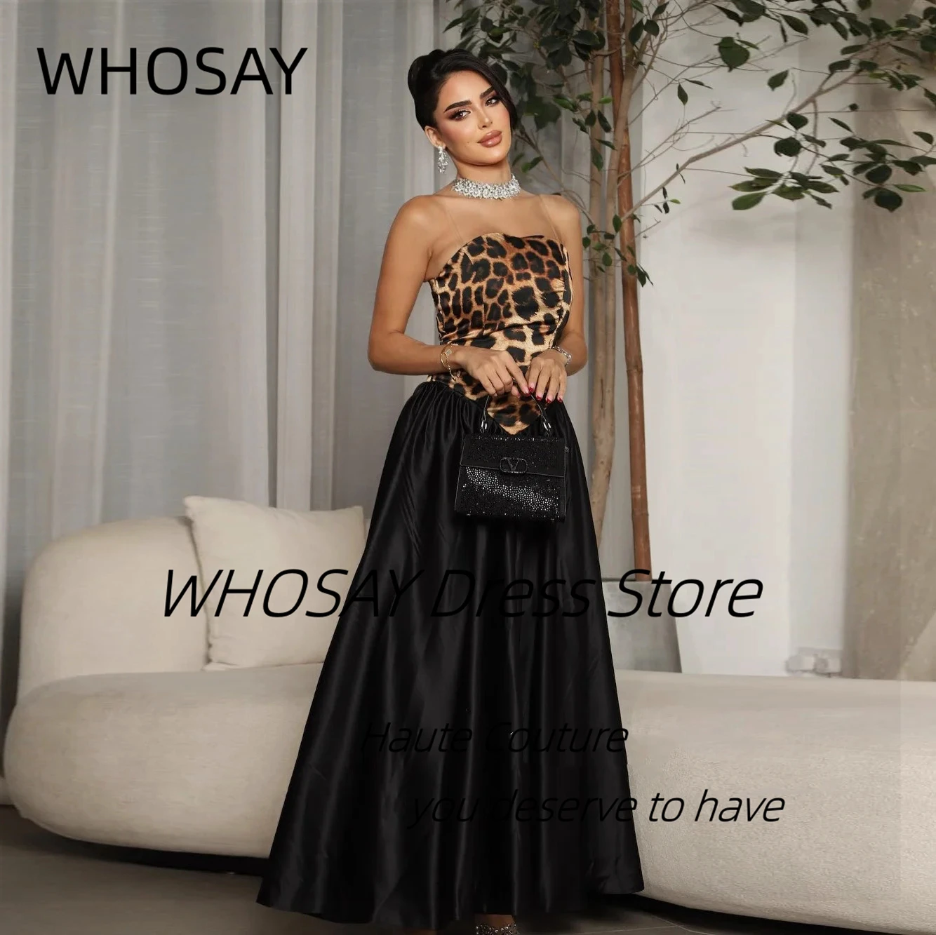 

WHOSAY Customized Leopard Print Black Satin Prom Dresses Strapless Zipper Back Evening Gowns A Line Wedding Party Dress