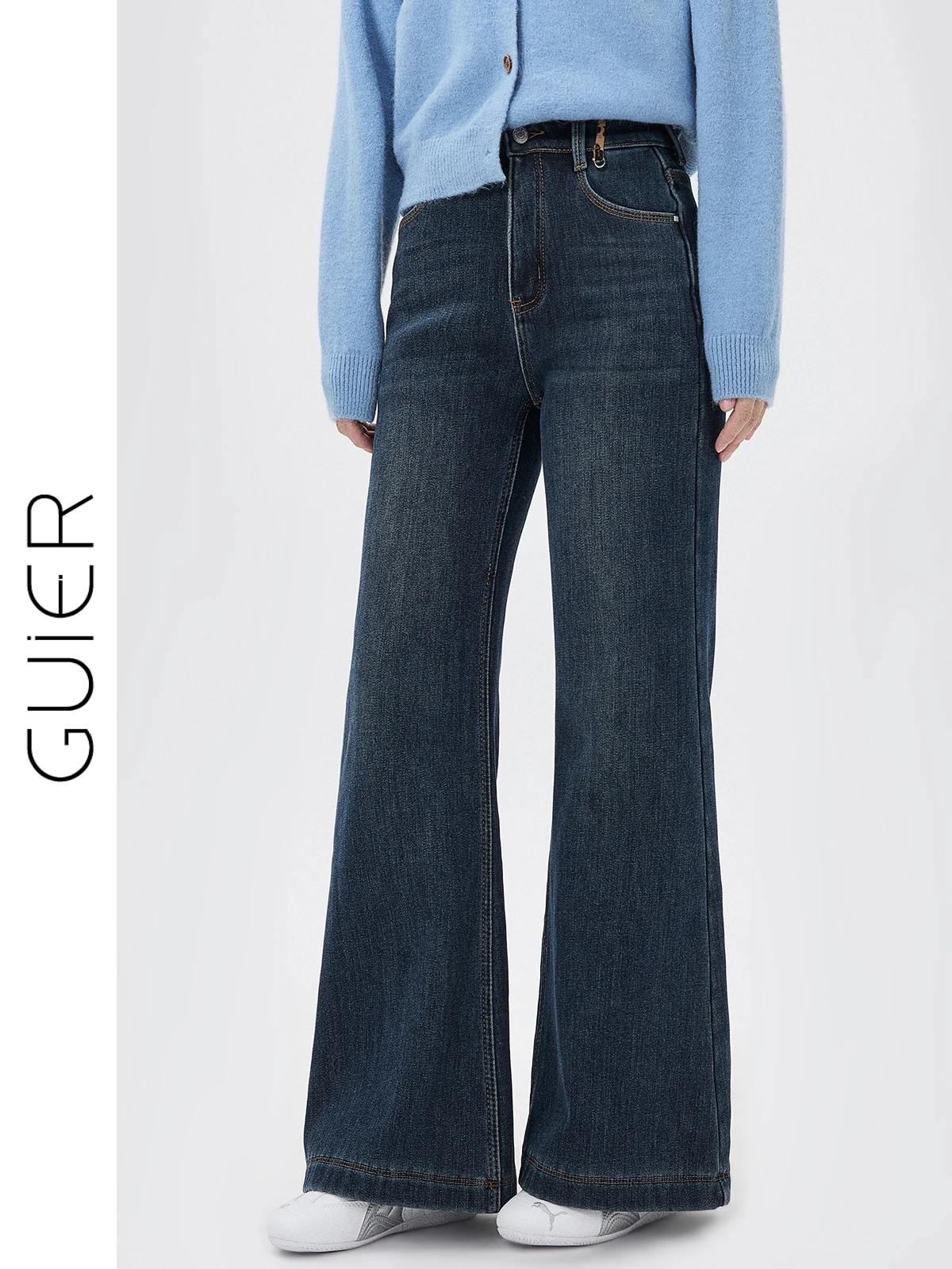 

High Waist Fce Lined Bell Bot Jeans Women's Winter Vintage Wa Slimming Flared Pants Retro Sle Pure Color Jeans