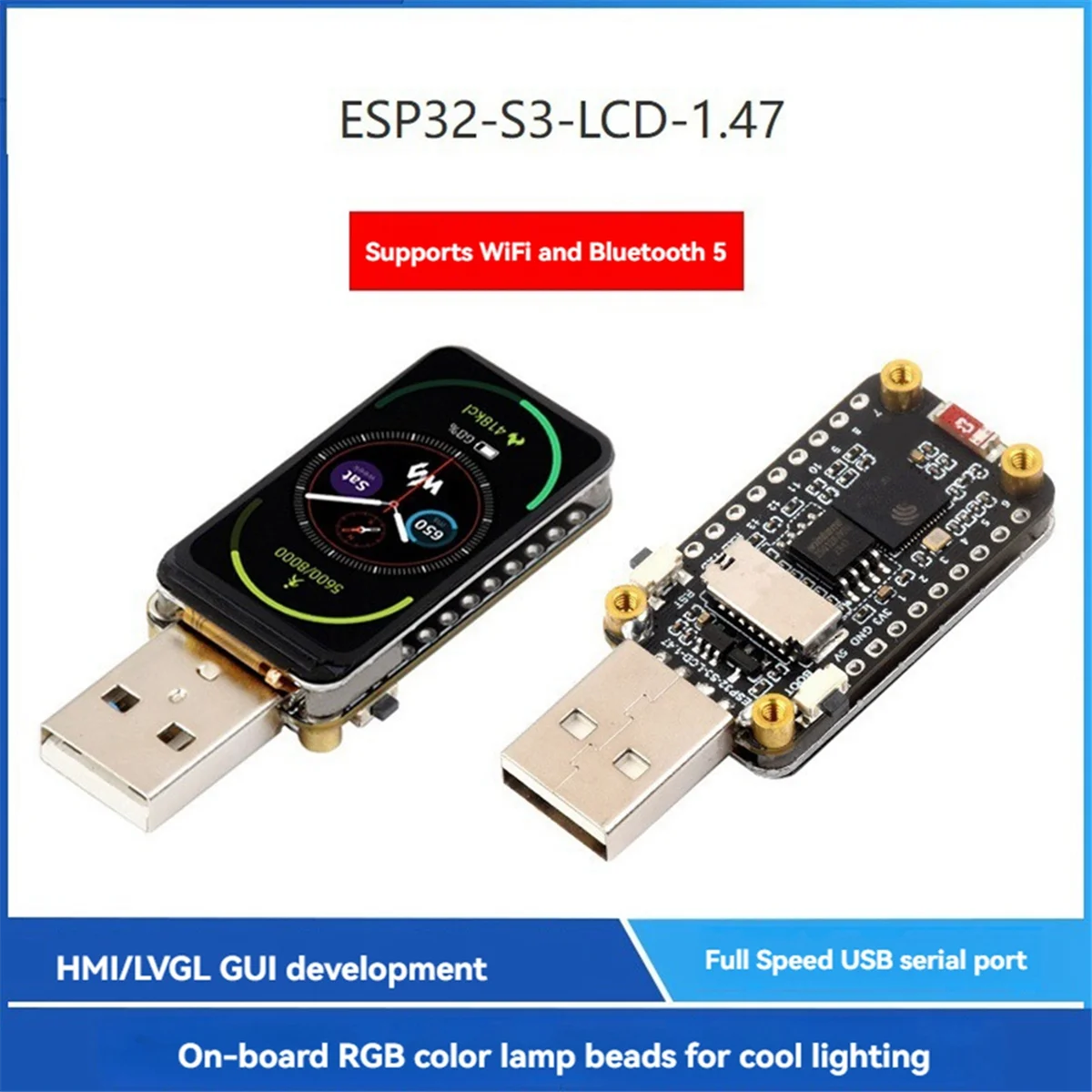 ESP32-S3 1,47-calowy wyświetlacz LCD Płytka rozwojowa Wbudowana kolorowa dioda LED RGB Pełna prędkość Port szeregowy USB 2,4 GHz WiFi BLE5 A002