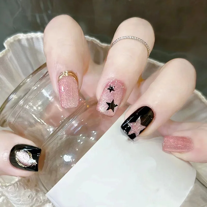 24Pcs Short Square French Nails Set Press on Shiny Powder Rhinestone Fake Nails 3D Bow Design Reusable Full Cover False Nail Tip