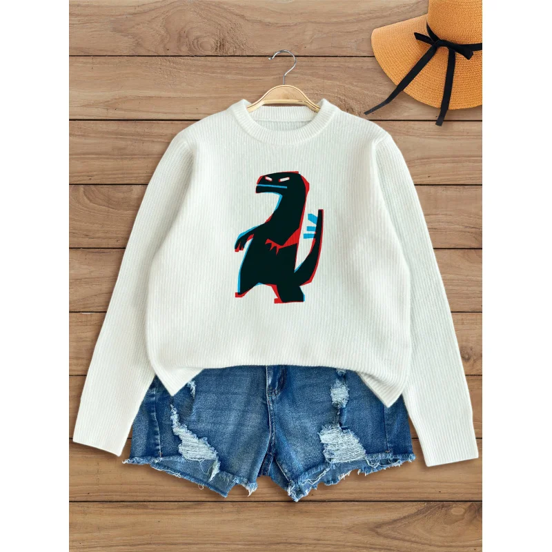 

Черный вязаный кардиган с принтом динозавра, женский осенне-зимний свитер на пуговицах, свободный крой, теплый повседневный модный подарок