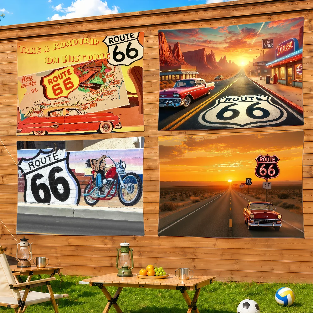 R-Route 66 US Mother Highway Flag Decorative Home Yard & Garden Decor Banner - Indoor Outdoor Wall Hanging Flag