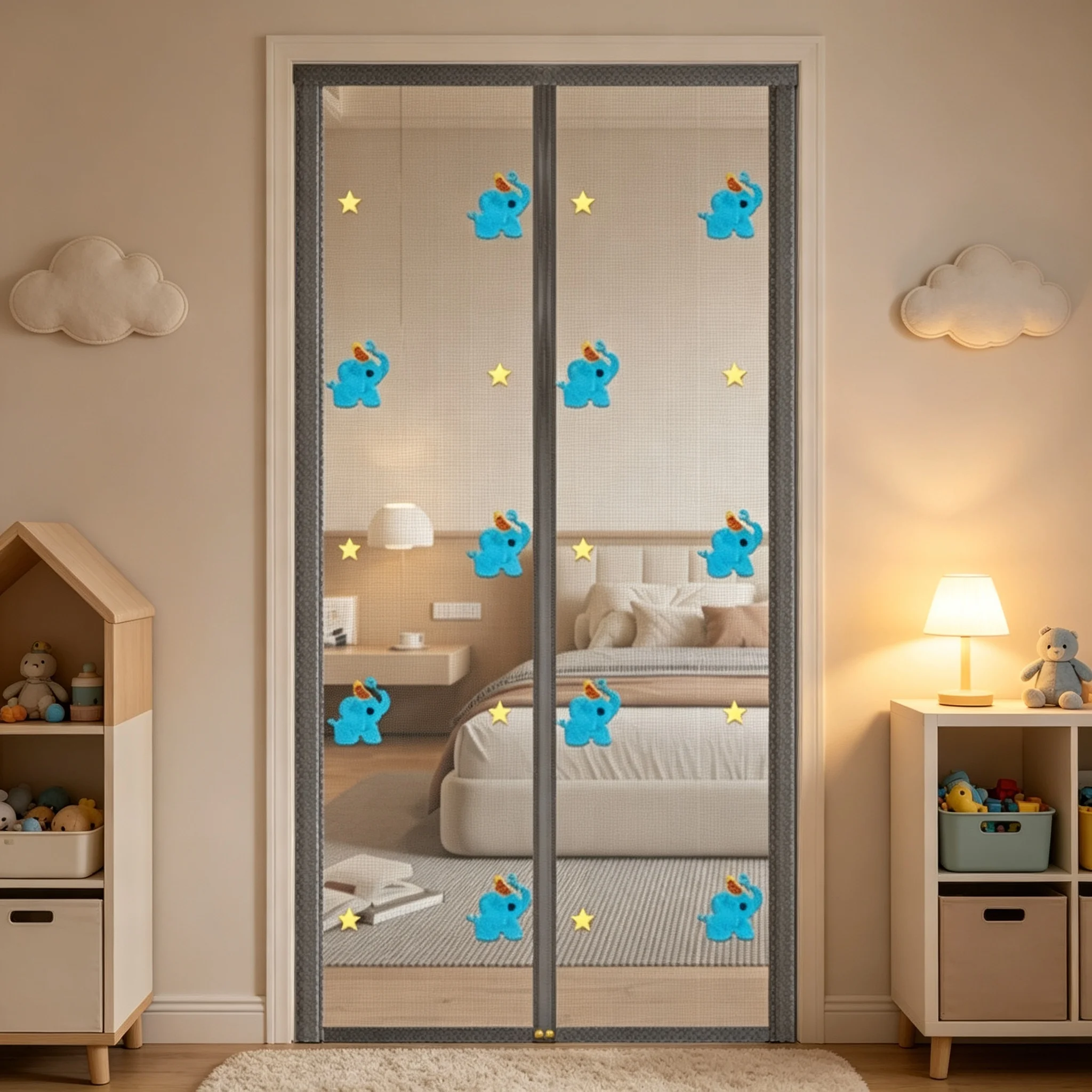 Self-Adhesive Magnetic Screen Door, Embroidered Little Elephant Door Curtain - Breathable And Mosquito-Proof, Home Decor