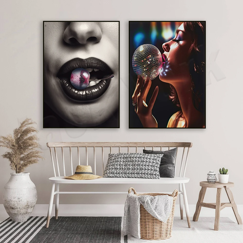 Disco ball cherry art, black and white disco cherry, kiss me disco ball trendy wall art poster, modern aesthetic room decoration