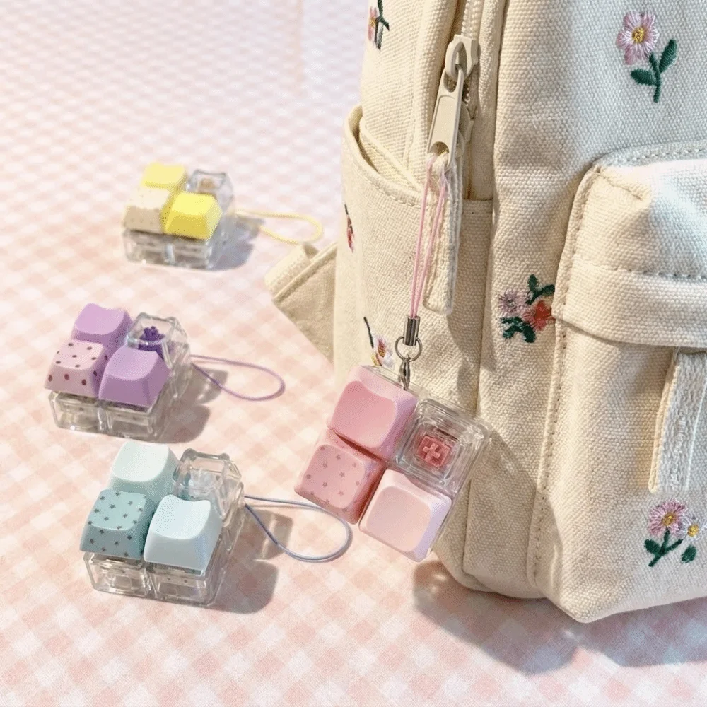 Plastic Fidget Keychain 4 Keys Polka Dot Pattern Stress Relief Pendant Transparent Candy Colors Keycap Clicker