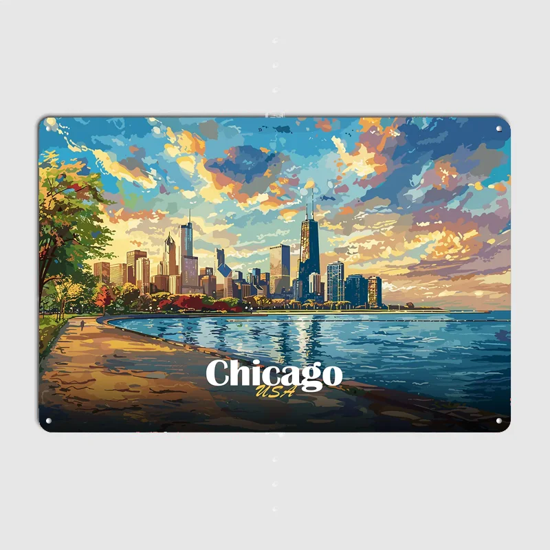 Chicago Skyline Painting Scenery Travel Poster Metal Sign Indoor Outdoor Home Decor Bar Custom Posters Wall Room Decorations