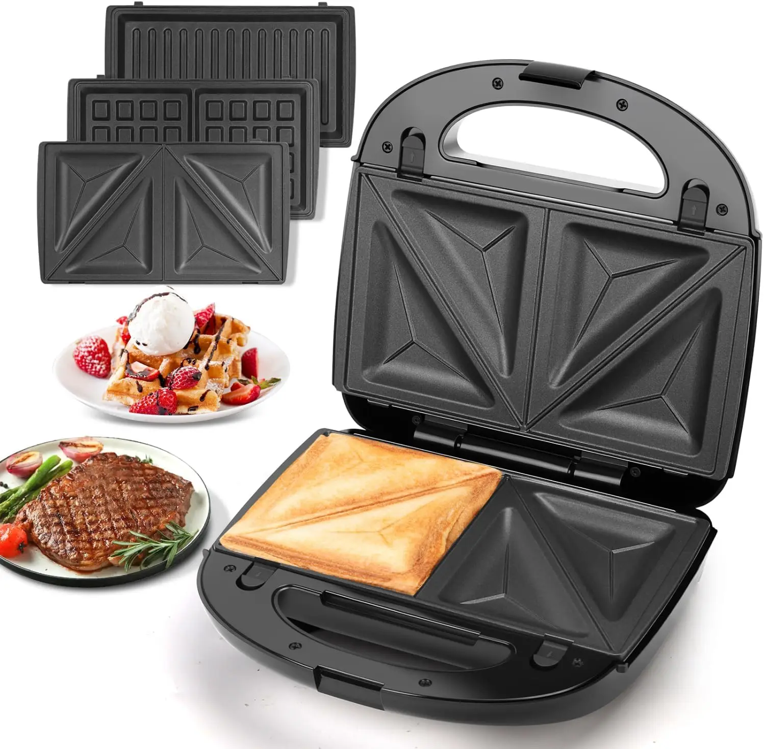 

3-in-1 Electric Sandwich Maker with Removable Plates, Panini Press, Waffle Grill, Cool Handle, 750W