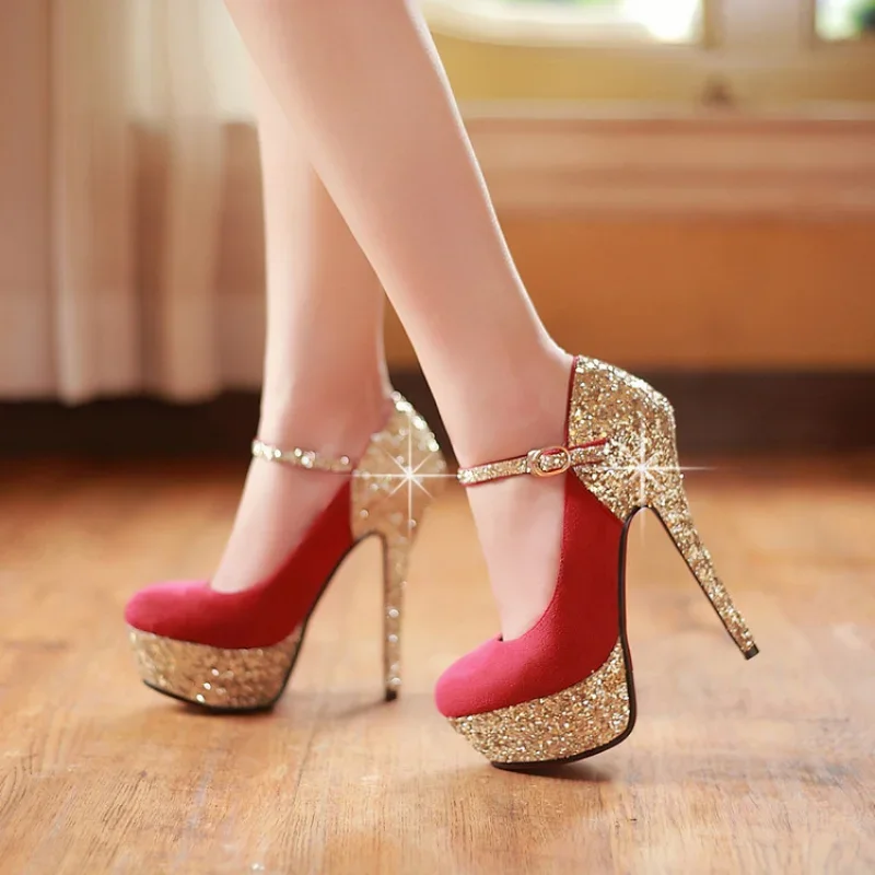 Chaussures à tête ronde pour femmes, chaussures à talons super hauts, paillettes sexy, fête à la bouche peu profonde, talon fin, mode printemps et automne