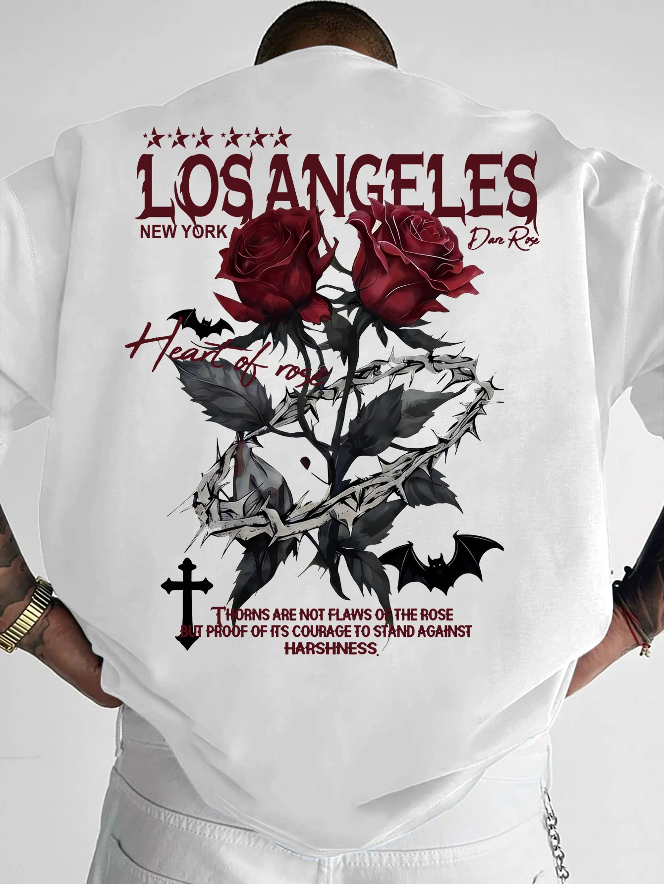 2026 Summer Men's Style Fashion Red Rose Embroidery Pattern Loose Trendy Fashionable Multi-Purpose T-shirt