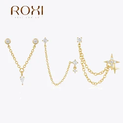 ROXI S925 Sterling Silber 1PC V-förmige Kette Quaste Ohrstecker für Damen Ohrringe Koreanische Doppelstern Piercing Ohrringe