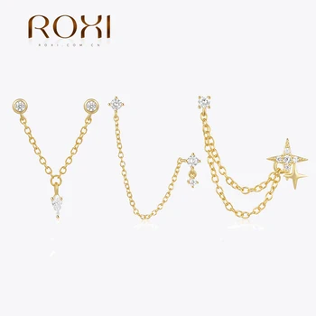 ROXI S925 Sterling Silver 1PC Orecchini a bottone con nappa a catena a forma di V per orecchini da donna Orecchini coreani con doppia stella