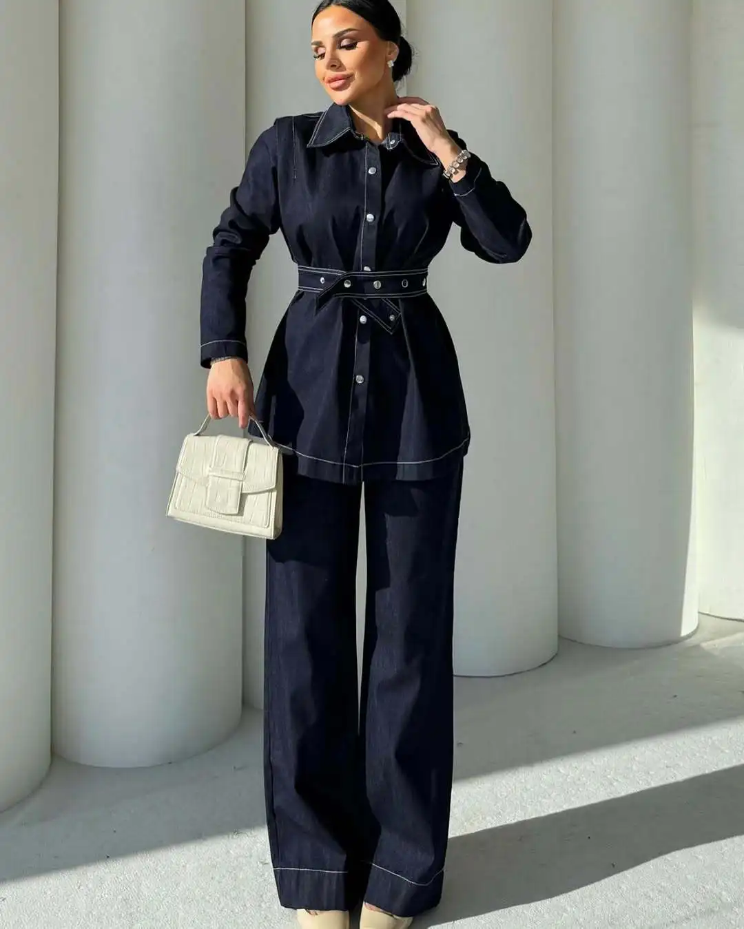 

Long Sleeve Denim Jacket + Wide Leg Jeans Two-piece Set Outfits Women Casual Shirt Denim Coats Streetwear Denim Pants Trousers