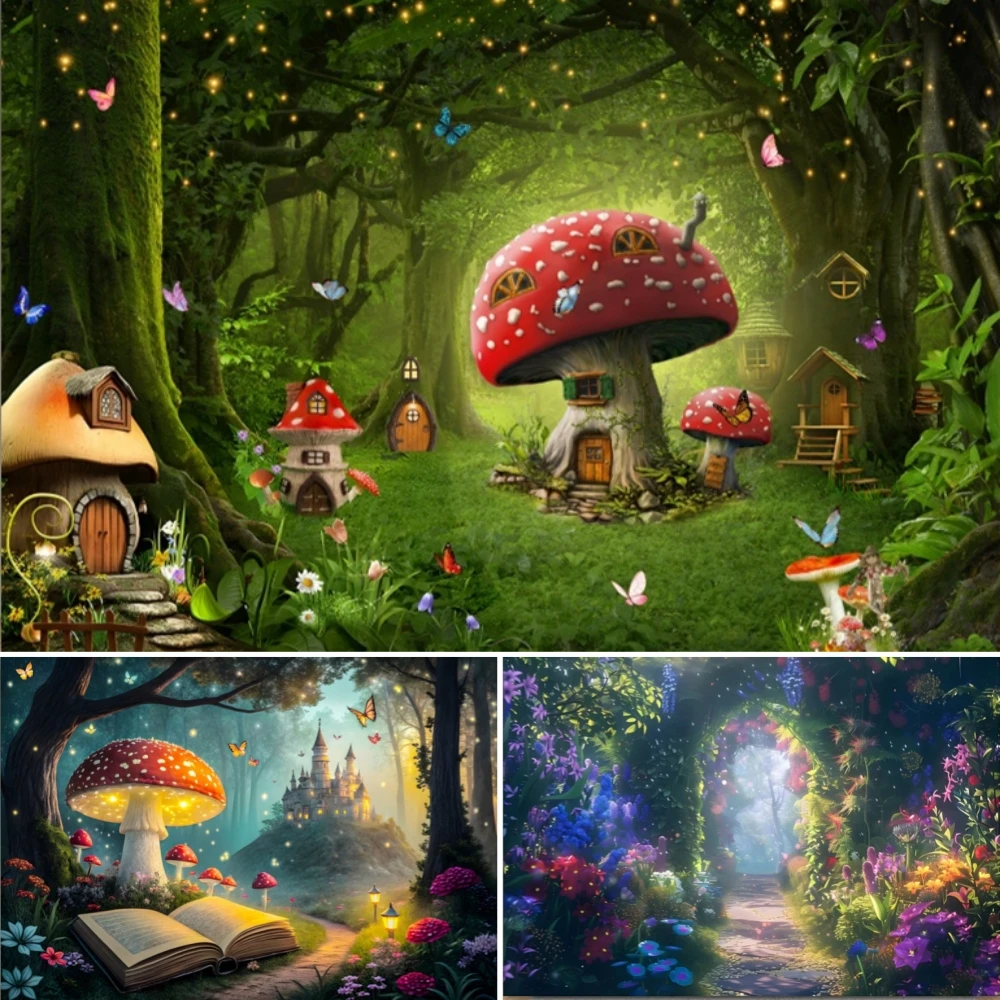 

Mushroom Forest Fairy Tale Backdrop Spring Enchanted Wonderland Magic Jungle Flower Butterfly Baby Shower Photography Background