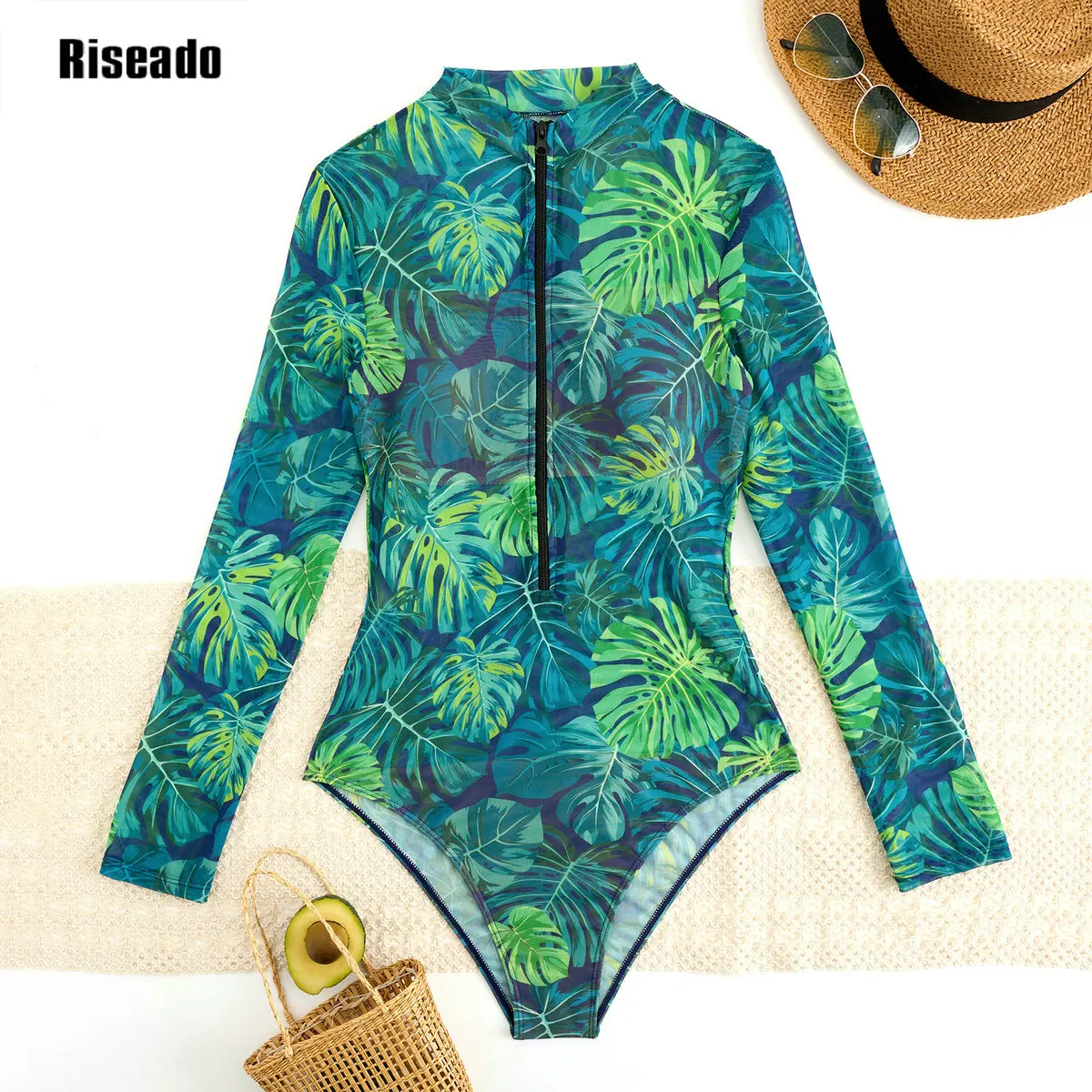Women's Mesh Beach Suit Printed Sexy High Waist Surfing One Piece Swimsuit with Long Sleeves Large Size