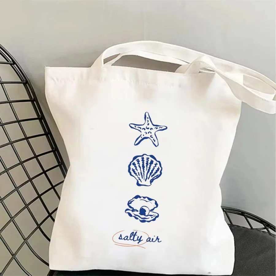

Seaside Canvas Tote Bag Photogenic Prop Blue Starfish Illustration Reusable Beach Bag Large Capacity Vacation Accessory Trendy