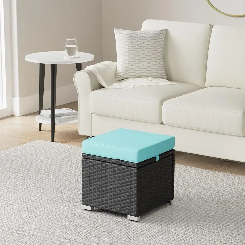 Versatile Outdoor Wicker Ottoman Set, Patio Furniture with Storage and Cushions, Black/Teal